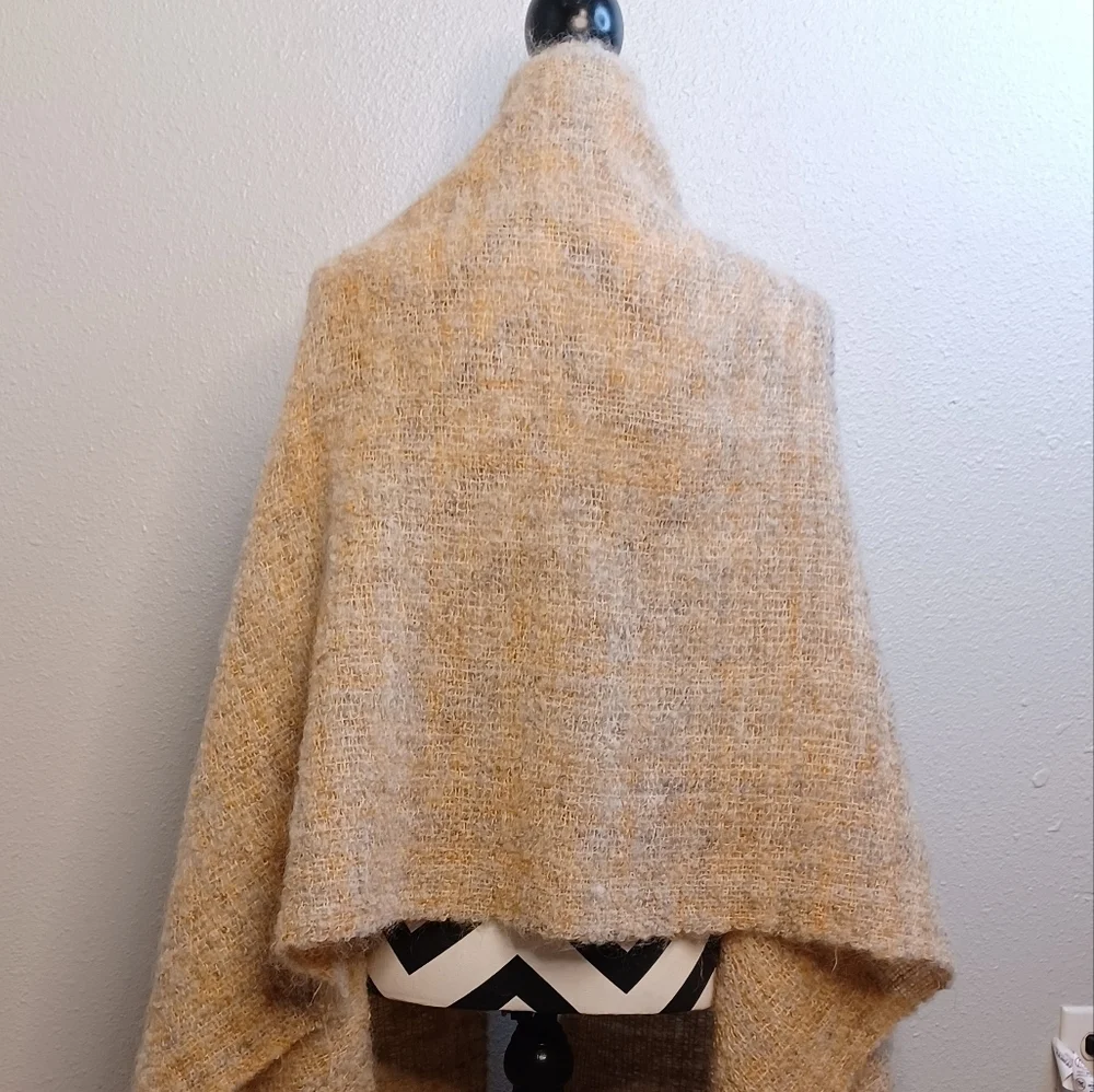 Earthy Natural Beige Hand Woven Mohair Wool Blend Fringe Wrap Shawl